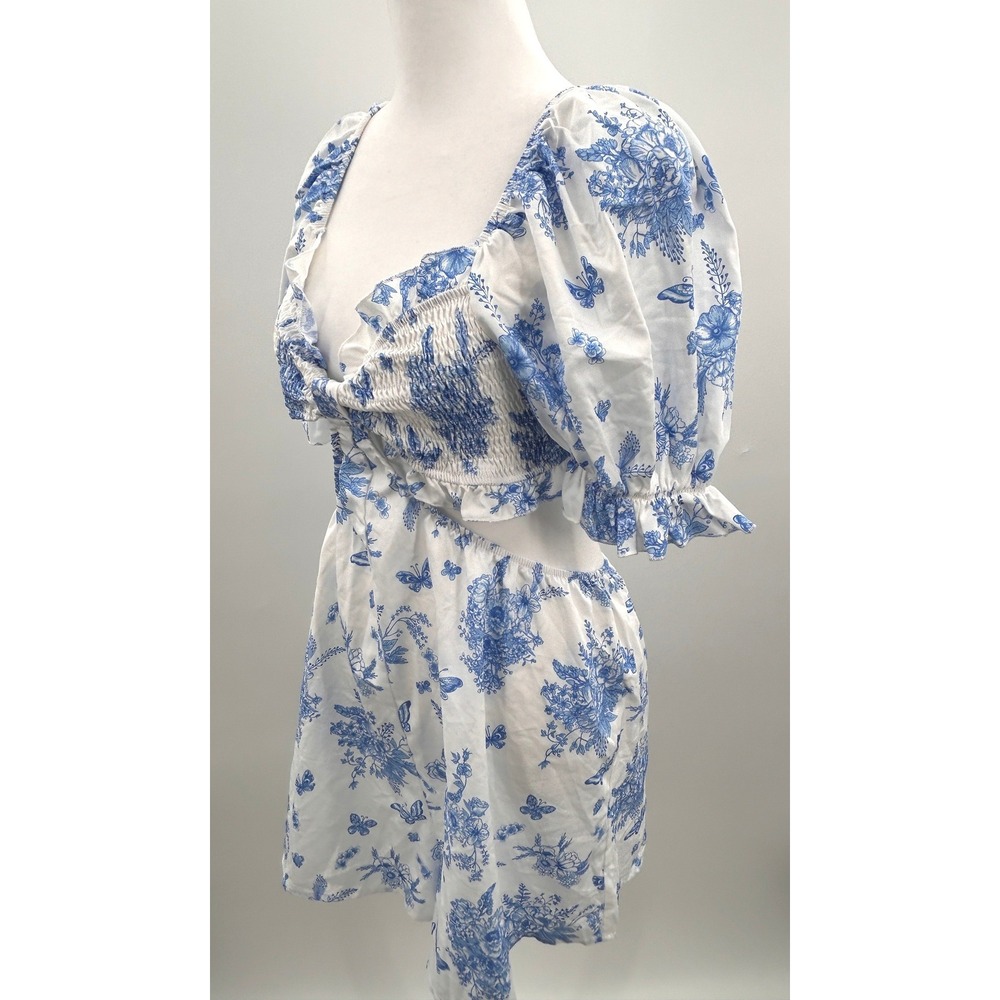 Womens Blue White Floral Cutout Mini Dress Puff Sleeve Cottagecore Boho Dress - Picture 4 of 14